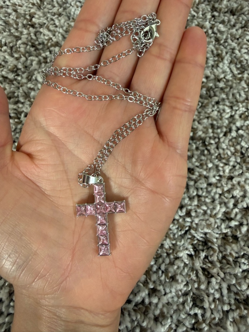 Pink Cross Necklace Silver Cubic Zirconia Princess Cut Cross Pendant Faith NWT